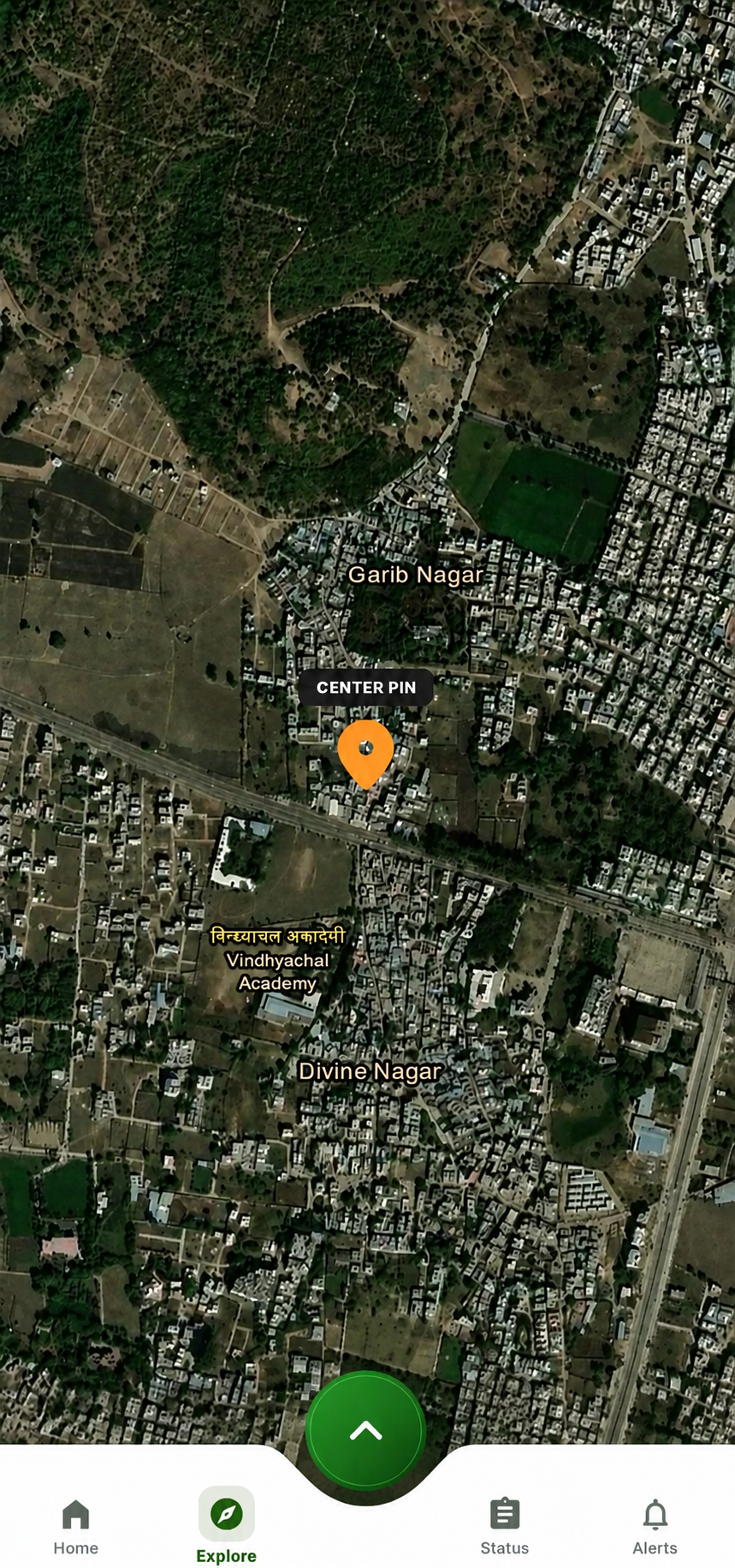 TATVA Explore screen with satellite map and field location pin